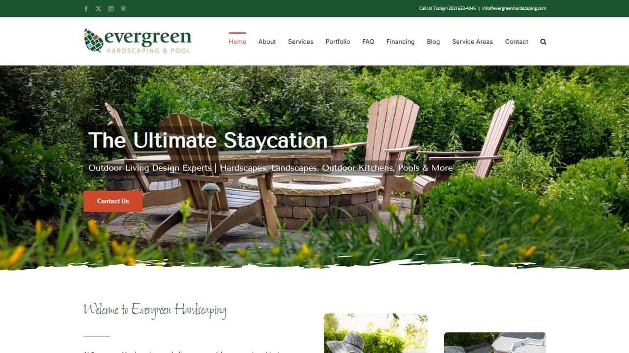 Evergreen Hardscaping and Pool homepage. The green Evergreen logo sits in a white header. Wooden Adirondack chairs circle a stone fire pit in a green backyard, under the headline The Ultimate Staycation and the line Outdoor Living Design Experts, followed by hardscapes, landscapes, outdoor kitchens, pools, and more, with a red Contact Us button. A Welcome to Evergreen Hardscaping section starts below the photo.