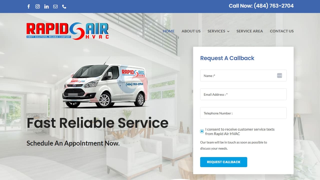 Rapid Air HVAC homepage. The red and blue Rapid Air HVAC logo sits above a white service van in the company wrap, floating over a photo of a bright white living room, with the headline Fast Reliable Service and the line Schedule An Appointment Now. On the right, a Request A Callback form asks for name, email, and phone number, with a text consent checkbox and a Request Callback button. A blue top bar holds a Call Now line.