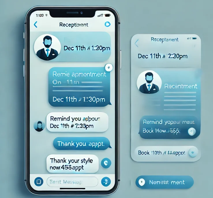 DALL·E 2025-01-17 01.21.43 - A modern chat interface showing an SMS conversation. The first message is from a receptionist, reminding a customer about their appointment on 'Dec 11