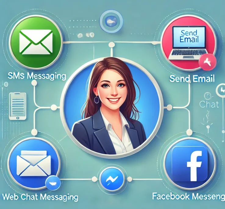 DALL·E 2025-01-17 01.24.40 - A professional and modern interface for customer engagement tools, showcasing four options in a clean and vibrant style_ SMS Messaging (green icon), S